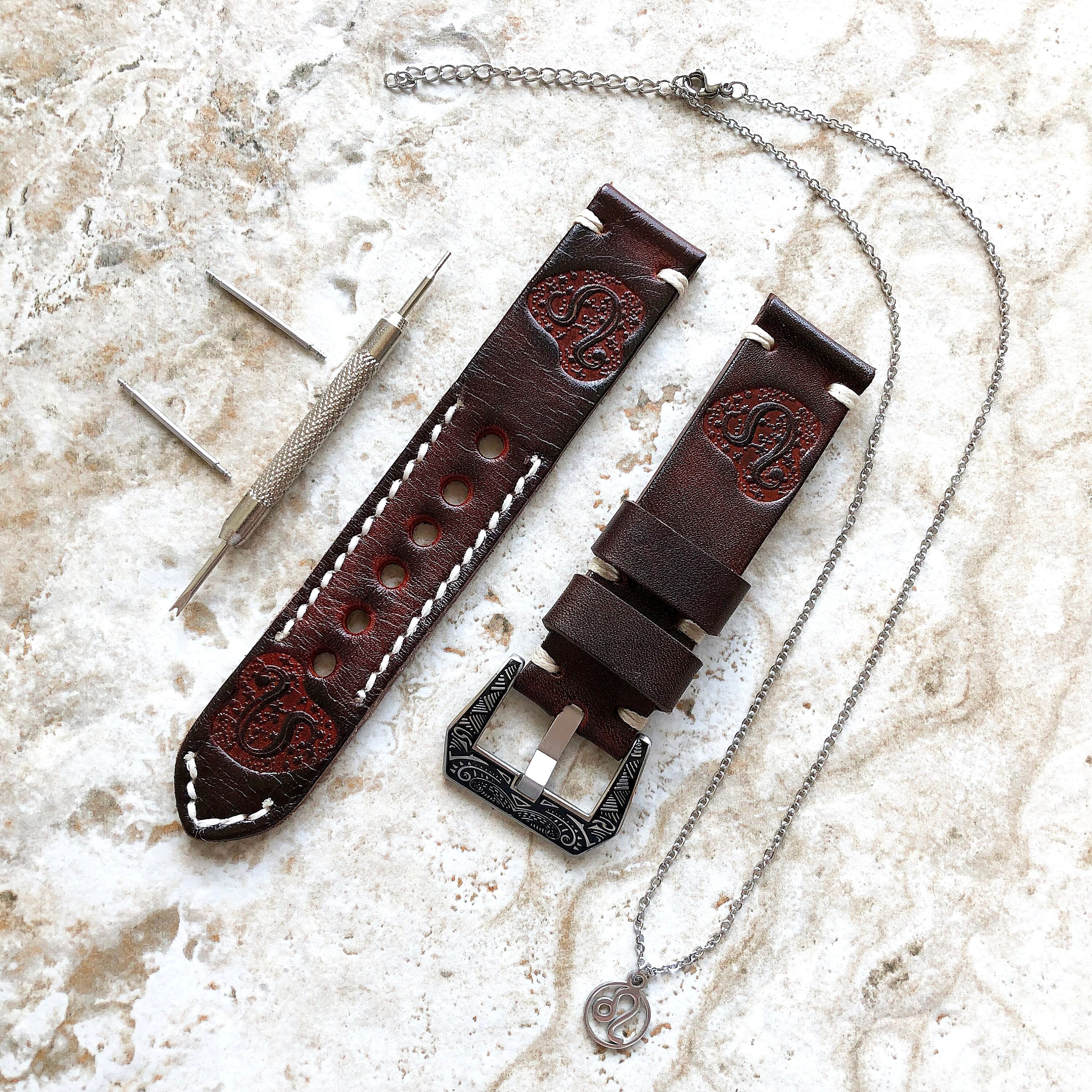 Leo Zodiac Band 22mm 24mm 25mm Genuine Brown Leather Tooled Embossed Handmade Strap Bracelet Kit for Watches and 25" Pendants Necklace